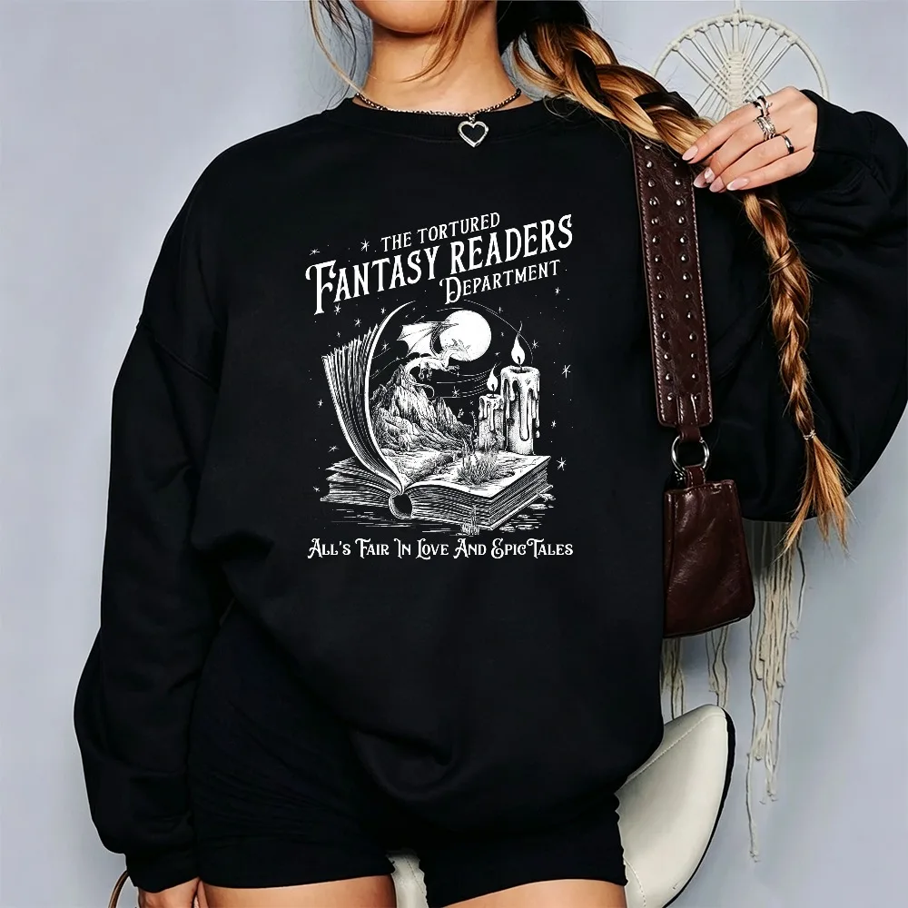 Funny Tortured Fantasy Readers Department Sweatshirt Bookish Dark Academia Pullover Bookworm Top Autumn Winter Clothes Women