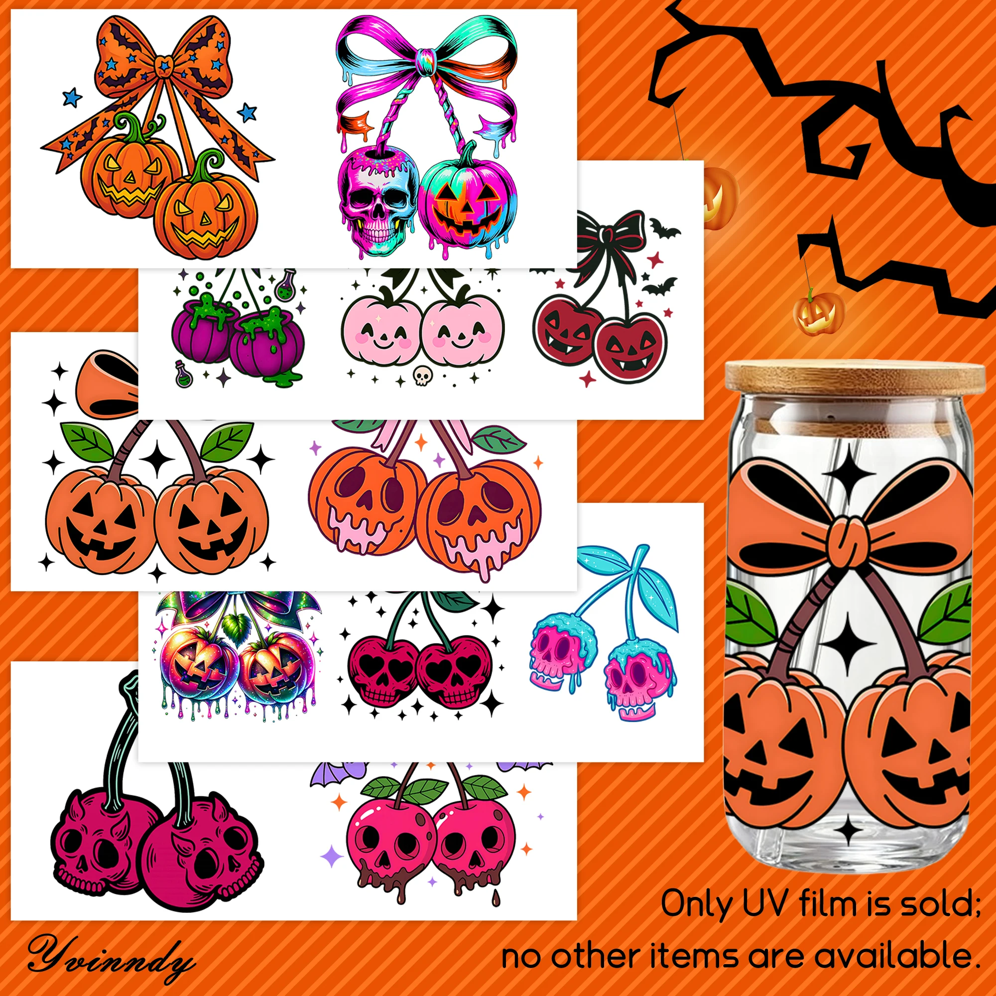 5Pcs/Set Sweet and cool graffiti style pumpkin cherry skull Halloween 16OZ Glass Jar Transfer Paper