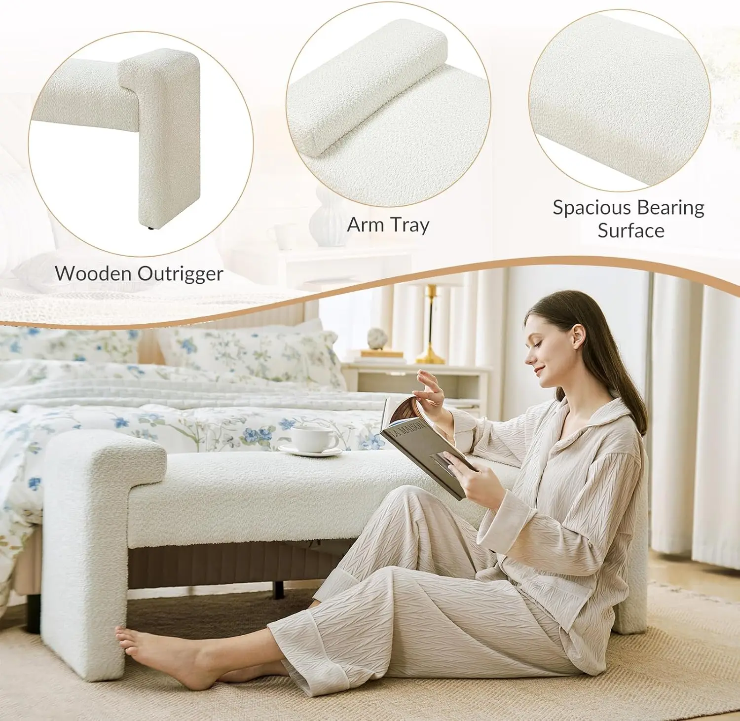 58.5' End of Bed Bench, Modern Fabric Upholstered Entryway Bench with Solid Wood Frame, Ivory