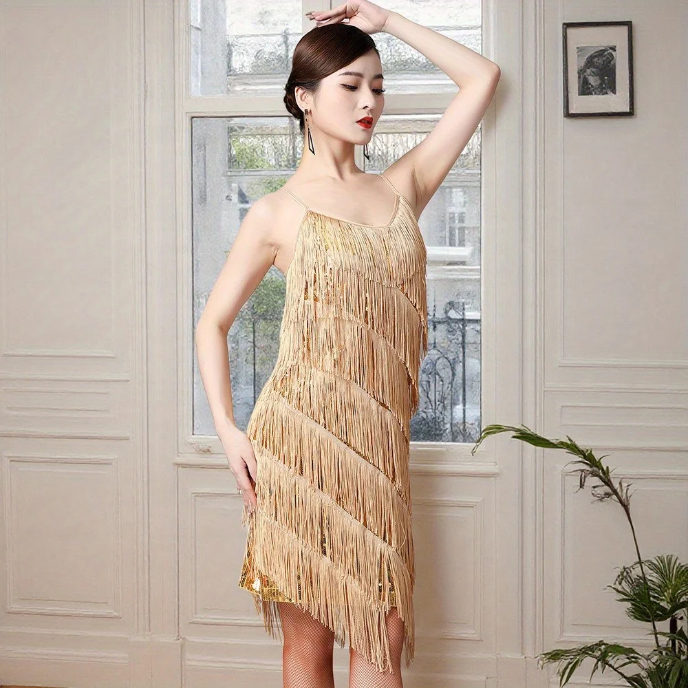

Latin Dance Sequined Fringed Skirt Latin Dance Skirt V-neck Party Dance Skirt Halloween Stage Performance Costume Accessories