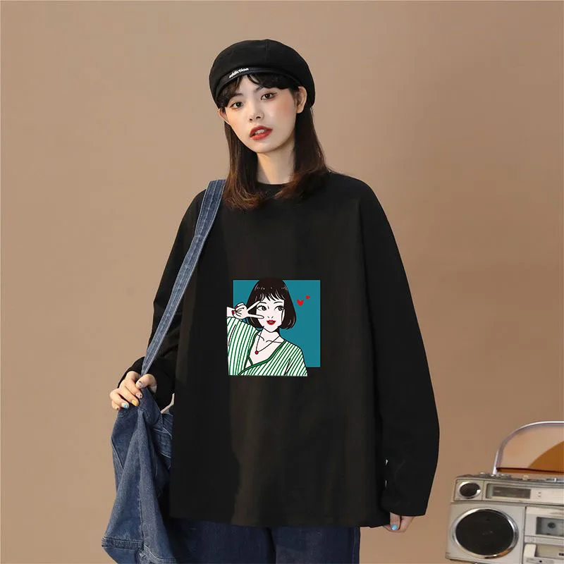 

Модная женская белая футболка с принтом для девочек, осень-зима, повседневный топ с длинными рукавами, женская одежда с героями мультфильмов, футболка большого размера больших размеров