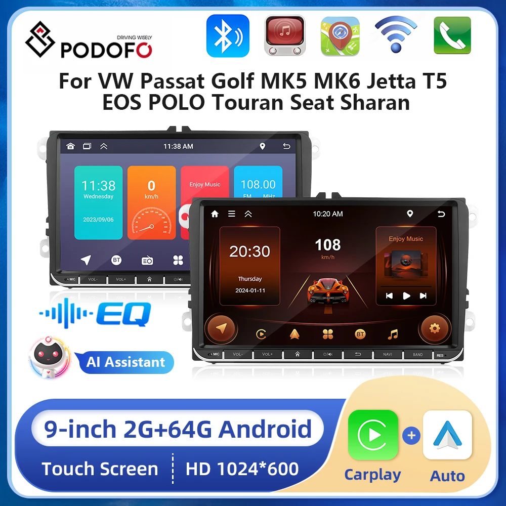 Podofo 9” Android Car Radio For VW Passat Golf MK5 POLO Touran Seat 2+64G Carplay Android auto WIFI GPS Navigation FM RDS