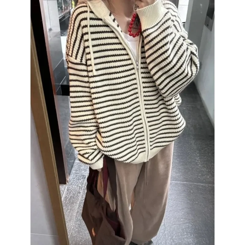 Color Block Striped Knitted Sweater Coat Lazy Soft Cardigan American Retro Loose Fall Womens Oversized Pullover