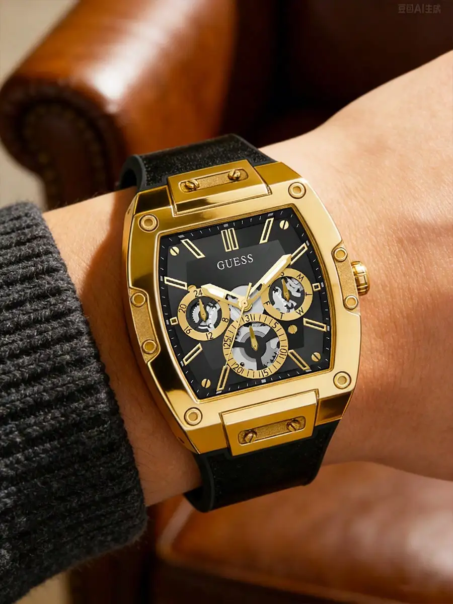 Relojes GUESS para Hombre, Originales de Lujo, Tono Dorado, Esfera Negra, Multifunción, Cronógrafo de Cuarzo, Correa de Silicona