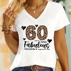 60th Birthday Shirt for Women Vintage Heart 60 and Fabulous Leopard Print Summer Short Sleeve T-shirt Fabulous Birthday T-shirts