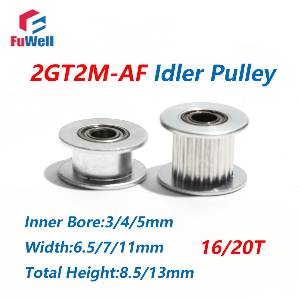 FuWell 16/20T Teeth 2GT2M Idler Belt Pulley With/Without Teeth 3/4/5mm Bore Bearing Pulley 6.5/11mm Belt Width GT2 Timing Pulley