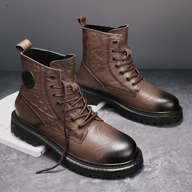 2026 New Men Genuine Leather High Ankle Boots Two Styles Lined Fleece or Single Layer Casual Walking Leather Shoes
