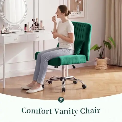 

Emerald Green Velvet Armless Swivel Vanity Chair With Wide Seat And Rolling Casters For Dressing Table Or Home Office