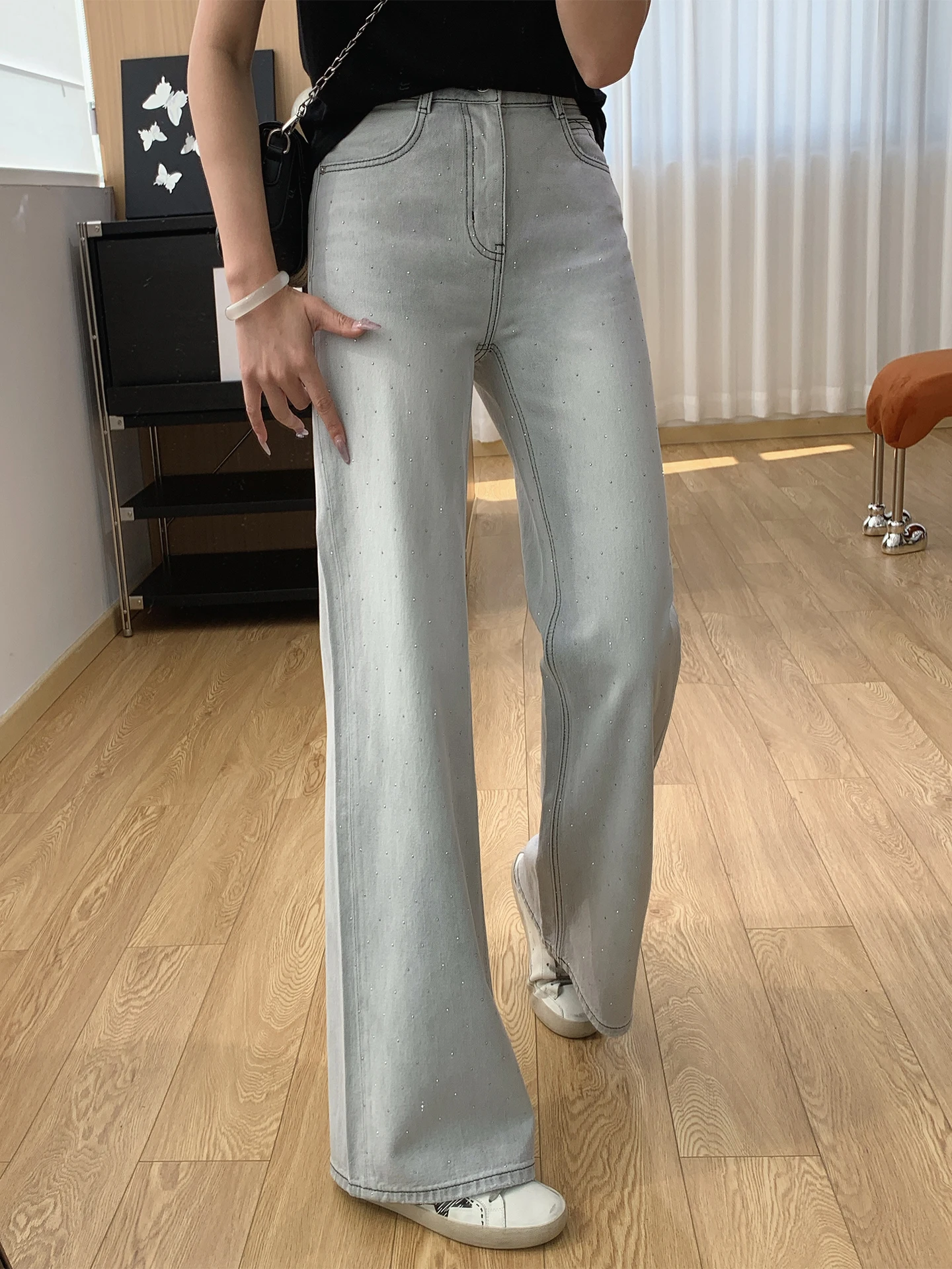 

High Waist Loose Women's Jeans Micro Flared Diamond Studded Spring Cotton Elastic Soft Waed Zipper Closure Casual Trousers