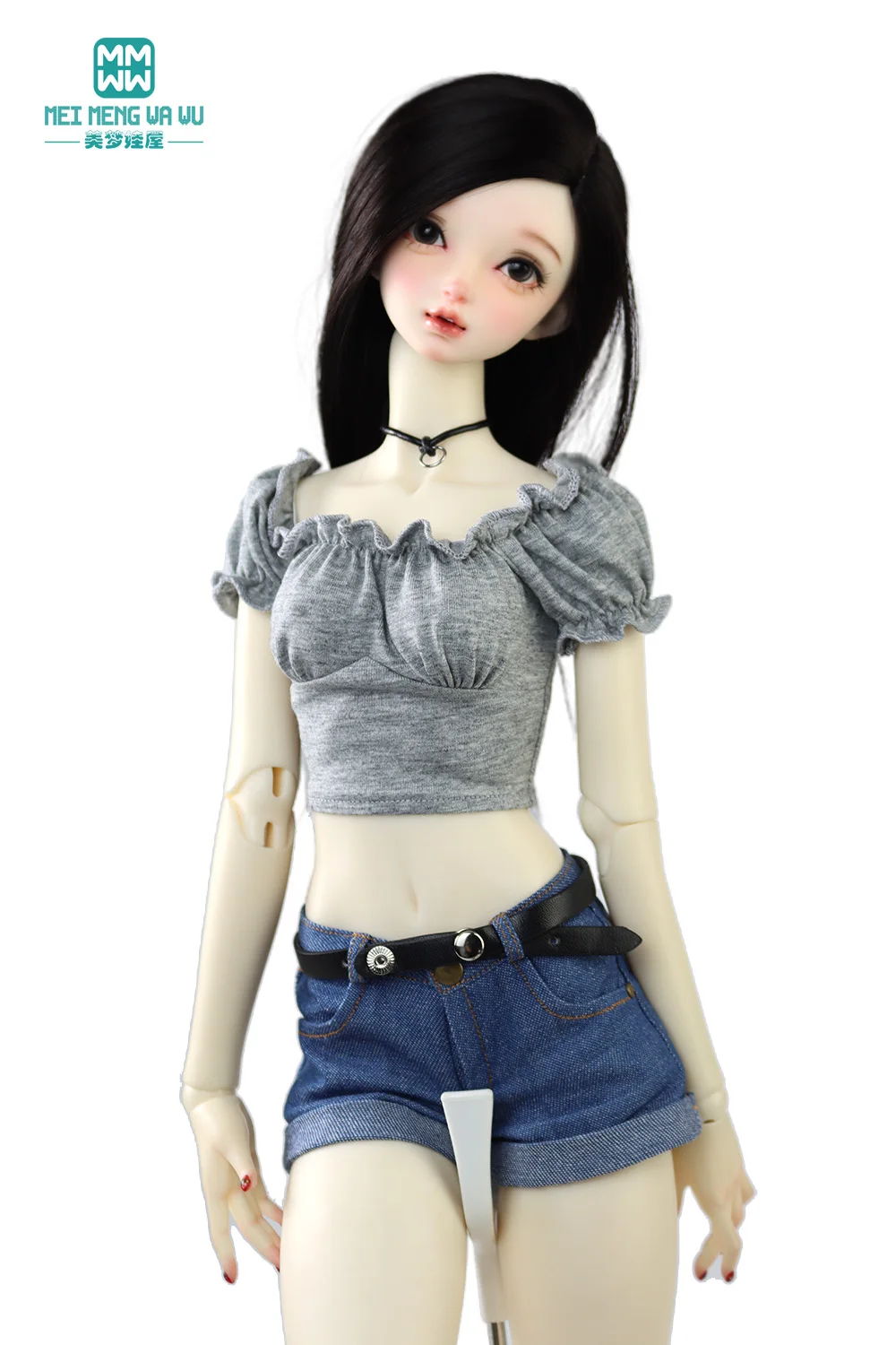 60cm 1/3 BJD Puppenkleidung Mode Low-Rise-Jeansshorts, Hemd Crop Top T-Shirt Spielzeugzubehör Mädchengeschenk – Detail 1