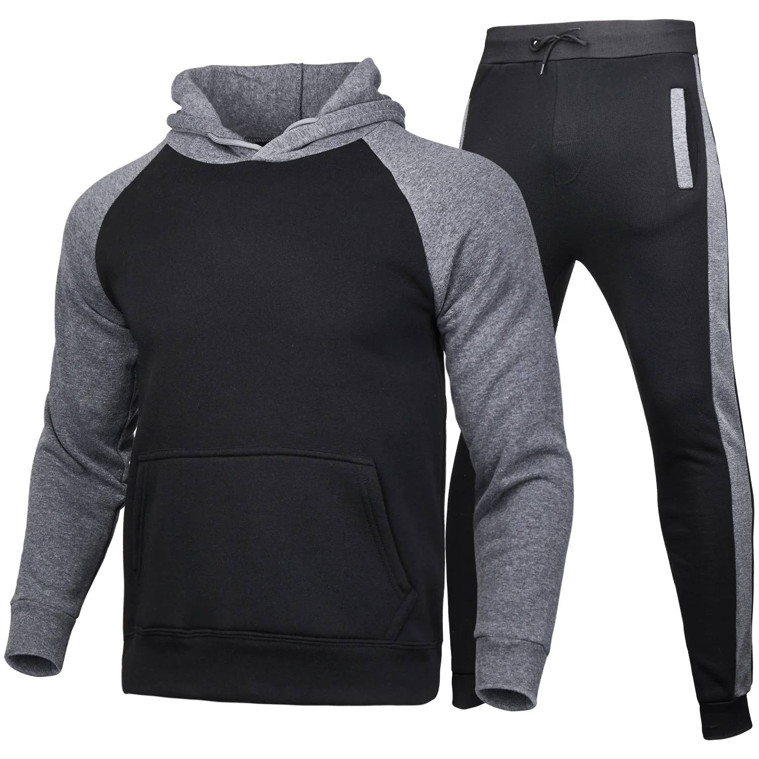 2024 Autumn/Winter Men\'s Outdoor Sports Running Hoodie Set Solid Color and Velvet Warm Hoodie and Pants Two Piece Set