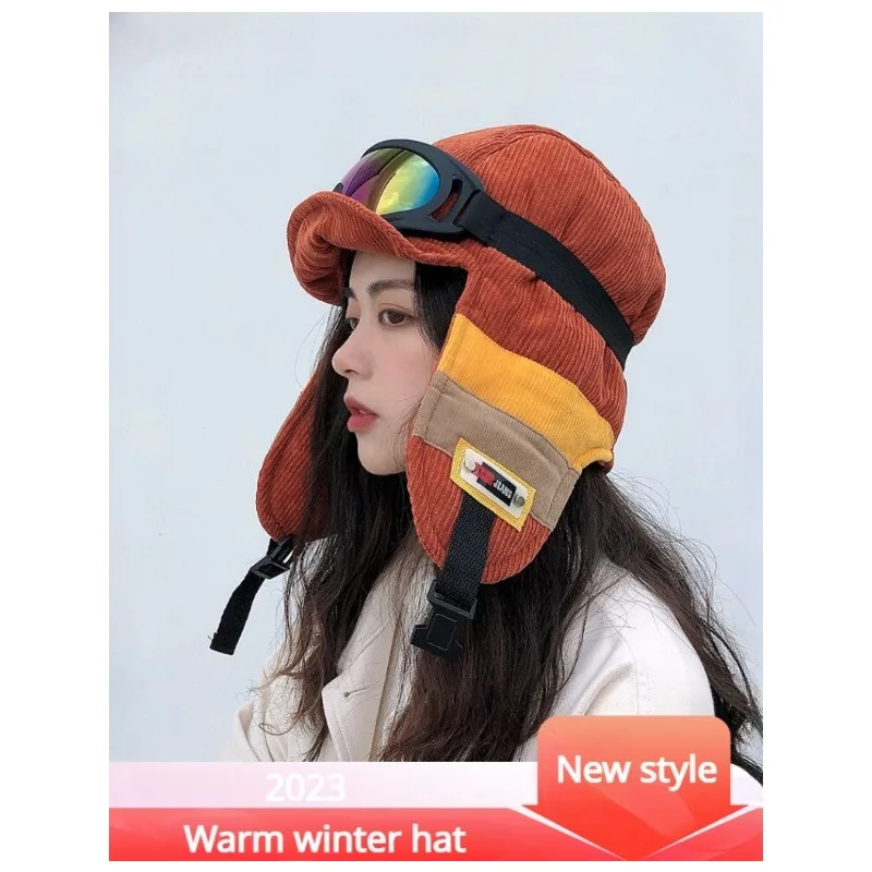 

Corduroy Duck Tongue Lei Feng Hat Winter Riding Electric Bike Thickened Warm Goggles Cap Women's Ear Protection Cotton Hat