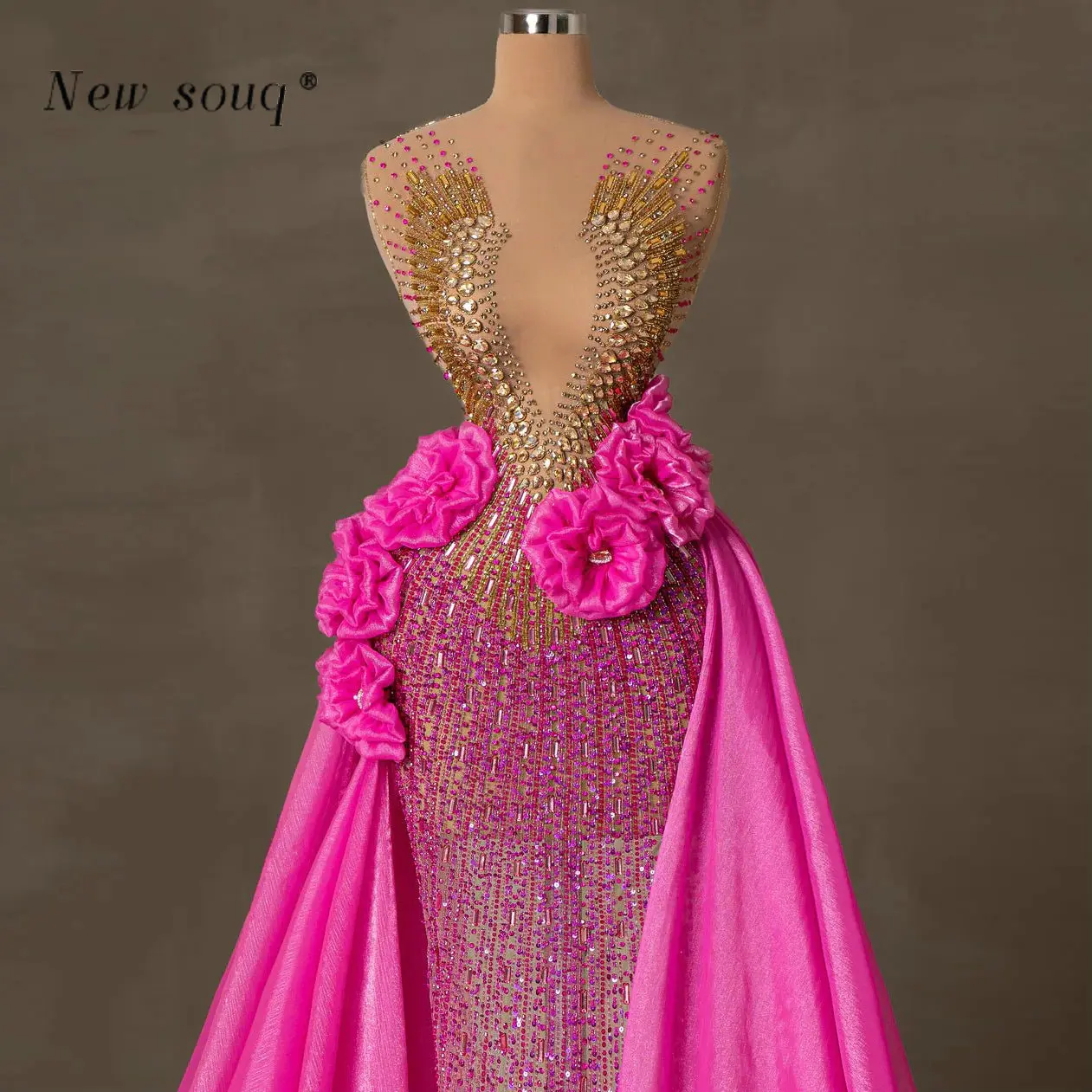 Two Pieces Pink Long Evening Dresses with Gold Crystals Handmade Flowers Sexy Illusion Overskirt Prom Events Wedding Party Gowns