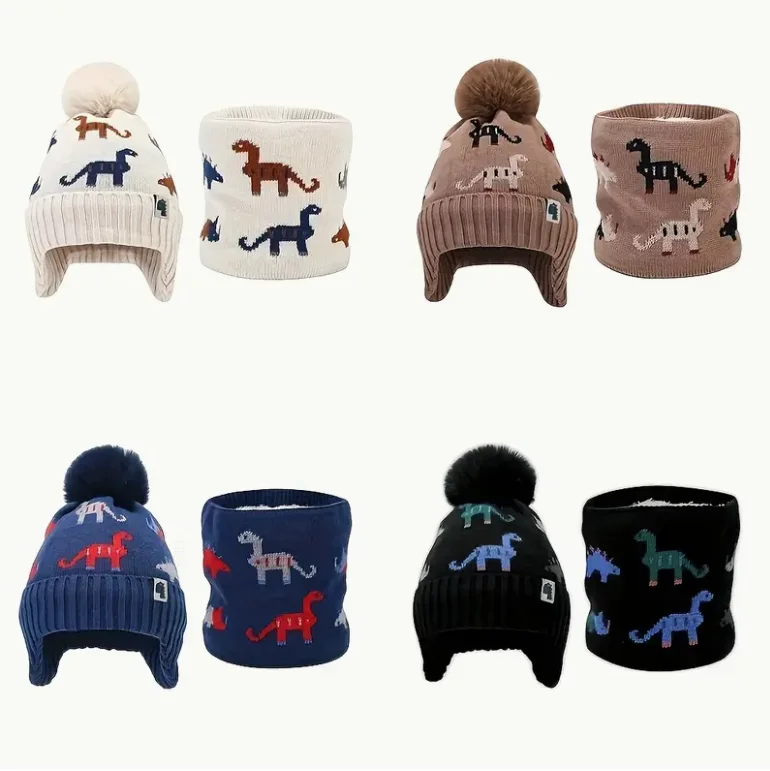 子供用冬用帽子＆スカーフセット2個 - ソフトで暖かいニットビーニー、耳当て付き、軽量で暖かい、男の子と女の子向け