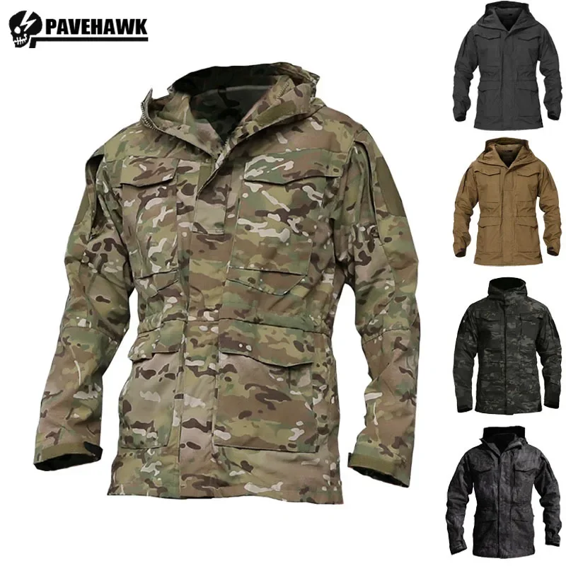 M65 Tactical Jacket Mens Medium Length Big Pocket Waterproof Wear-resistant Hooded Camouflage Coats Field Training Clothing