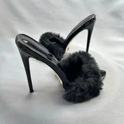 Customize Women Sexy Black Fur Pointy Toe Slipper Women's High Heels Sandal Stilettos OL Work Ladies Dress Shoes Plus Szie 45 46