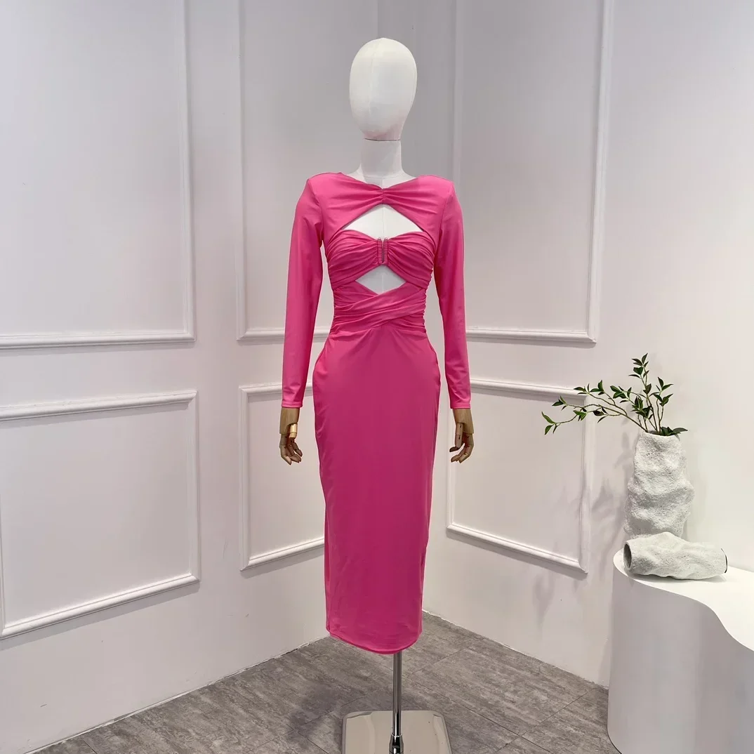 Rosa vermelha 2023 novo sólido primavera verão de alta qualidade sexy manga longa cintura cortar mulher preto midi vestido para festa