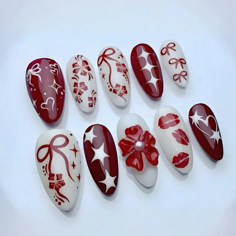 

24PCS French Simple False Nails Star Bow Flowers Lip Almond Press on Nails Sweet Fake Nails Cute Wearable Nail Art for Women 네일팁