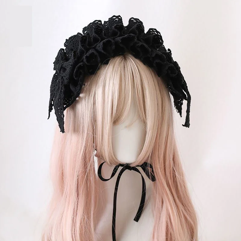สีดํา/สีขาว/Beige Lolita สาวลูกไม้ Hairband ญี่ปุ่น Kawaii Headdress Tie คอสเพลย์อะนิเมะแม่บ้านน่ารักอุปกรณ์เสริมผม
