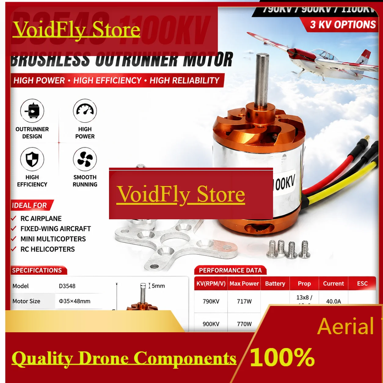 VoidFlyRC Motor D3548 3548 Brushless Outrunner Motor 1100KV 790KV 900KV For RC Mini Multicopters RC Airplane Helicopters Model P