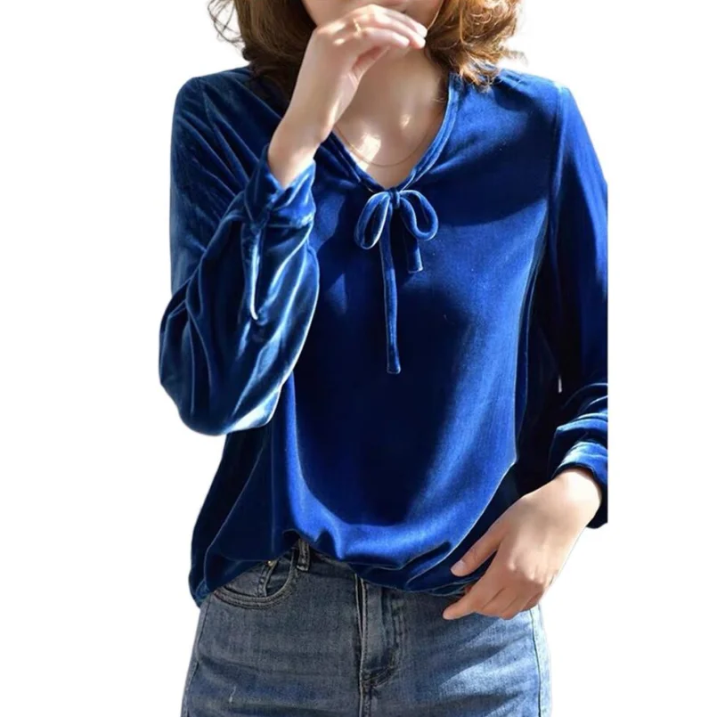 Velour Shirt New Loose Casual Solid Blusa Lady Long Sleeve lace up velvet Blouses Plus size Women Tops blusas mujer de moda 2024