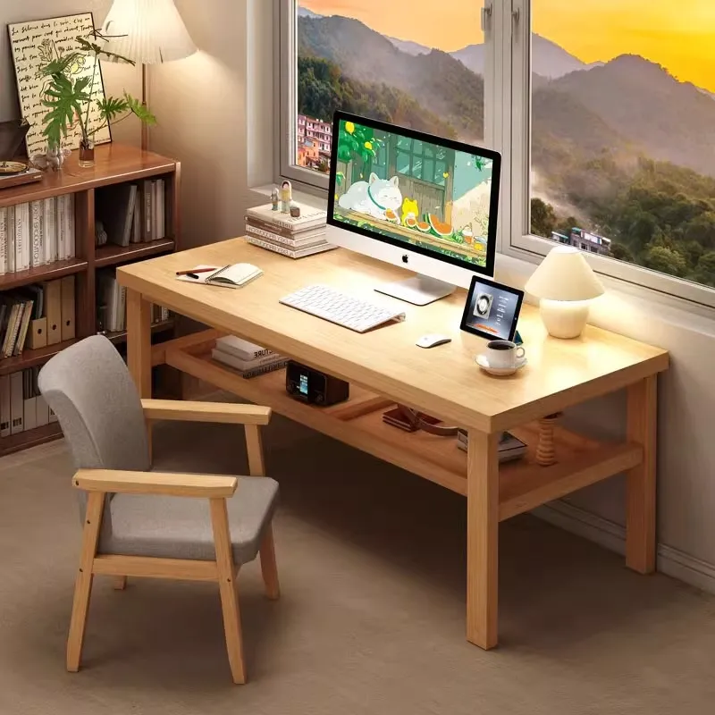 

Pure solid wood desk Student home long table Simple workbench Bedroom desk Storage computer desk