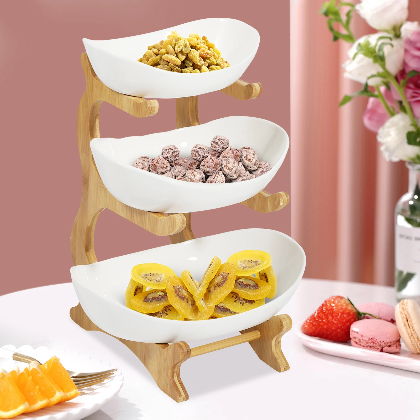 

3-х уровневая ваза для фруктов, бамбуковая подставка, керамические подносы, микроволновая печь, безопасная стойка для хранения закусок