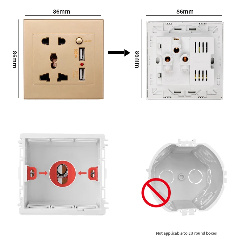 Gold Universal Standard 2.1A Smart USB Wall Socket,British Home Wall Electrical Outlet  Mobile Phone Charging with USB 2 Port