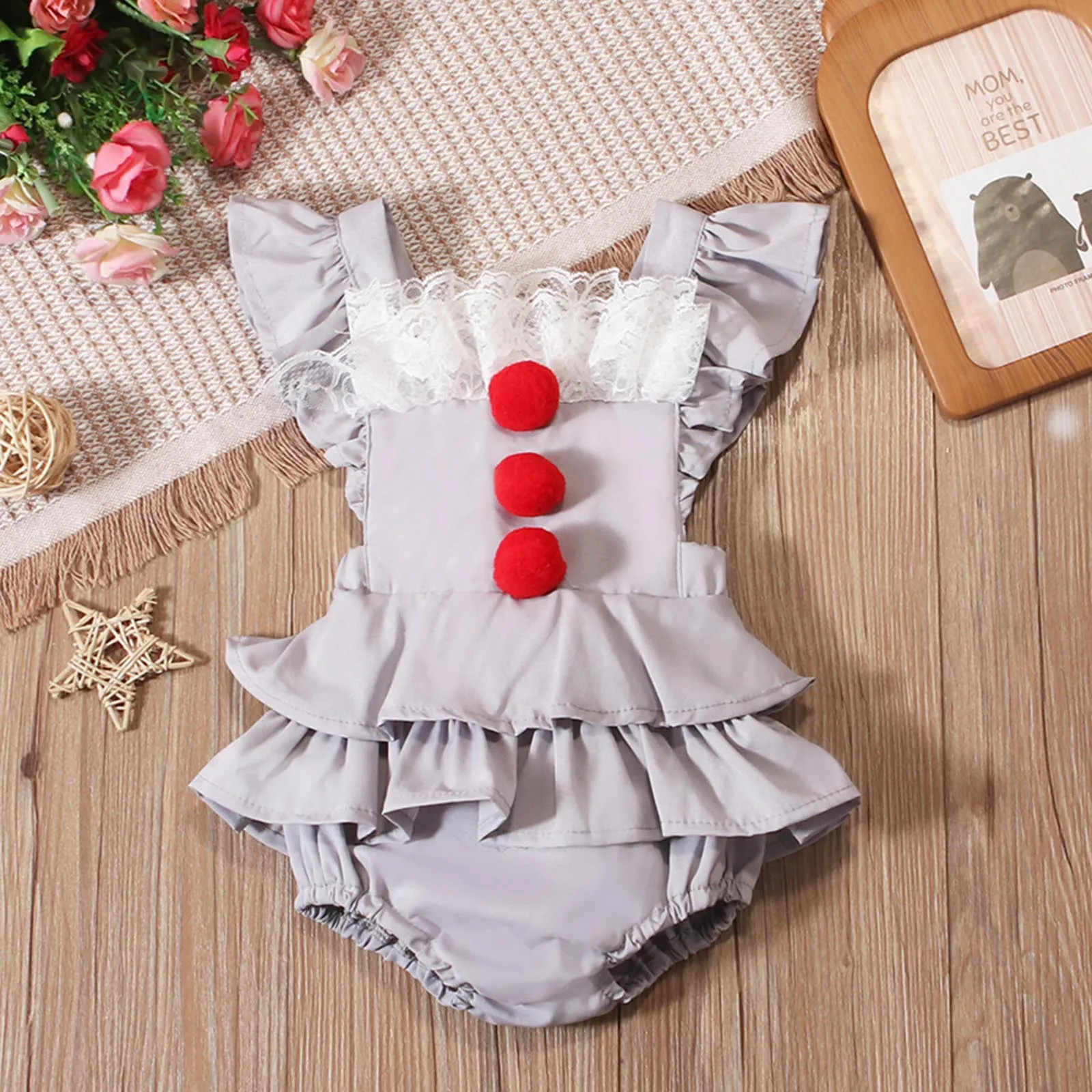 

Toddler Baby Girls Halloween Gray Clown Costume Lace Red Bobbles Layered Ruffle Rompers for Carnival Party Creepy Joker Cosplay