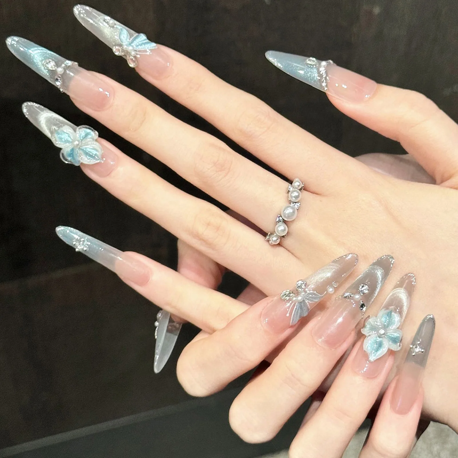 10pcs Long Almond Handmade Press On Nails Ice Transparent Blue French Style False Nails With 3D Flower Butterfly Decor Fake Nail