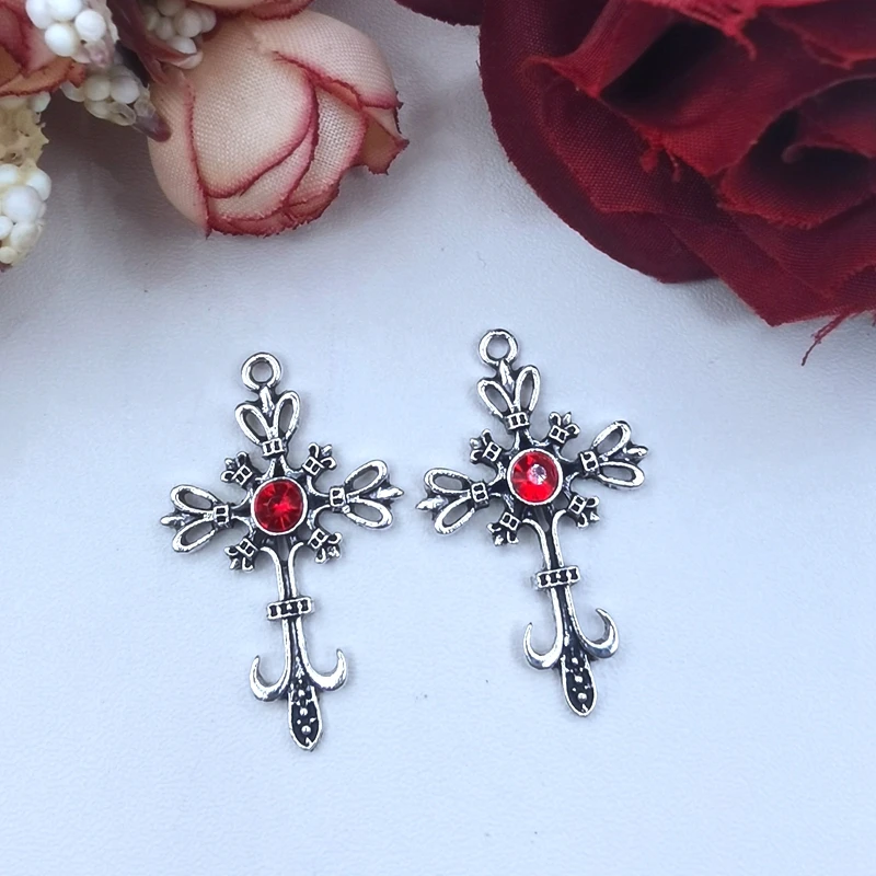 10pcs 22*33mm Gothic Punk Cross Crystal Pendant  Vintage Earrings Bracelet Metal Accessories DIY Charm Jewelry Crafts Making