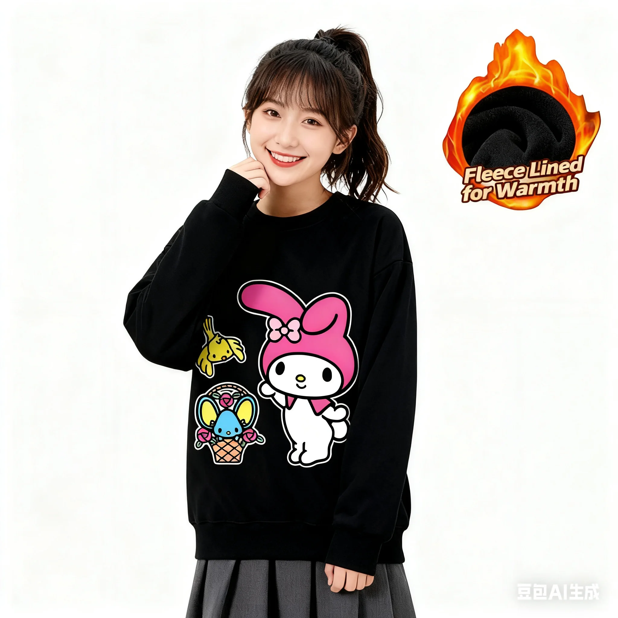 Top a maniche lunghe girocollo stampato serie Sanrio, maglietta a maniche lunghe girocollo con fodera in pile carina e calda, 100% cotone