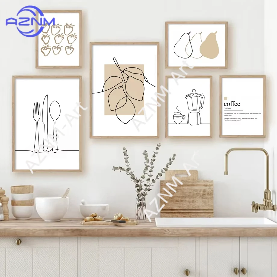 1 Stück Abstrakte Linien Kaffee Wein Glas Zitrone Leinwandgemälde Nordische Poster und Wandkunst Bilder für Küche Wohnzimmer Heimdekoration