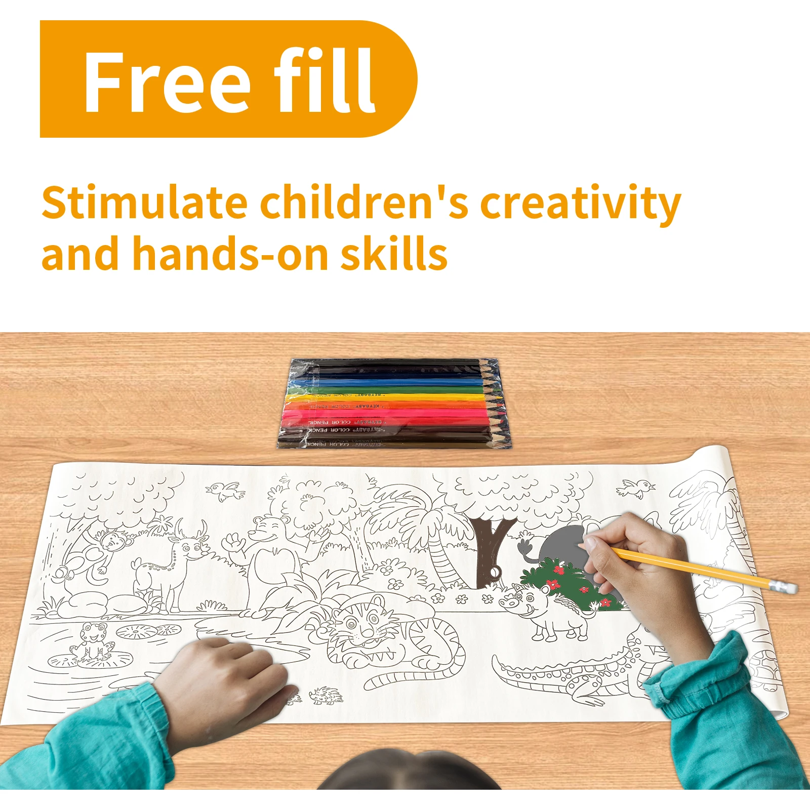 Extra Large 2*0.3m Children's Drawing Scroll, 12 Color Pencils, Wall-Mountable, 4-8 Years, Early Learning, Painting Gift