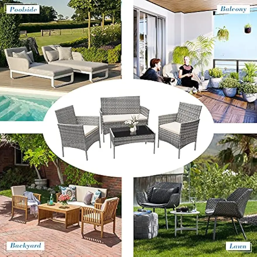 Outdoor Rattan Móveis Set, Pátio Varanda Wicker Cadeiras Sets, Varanda Sofá, Conversa Set