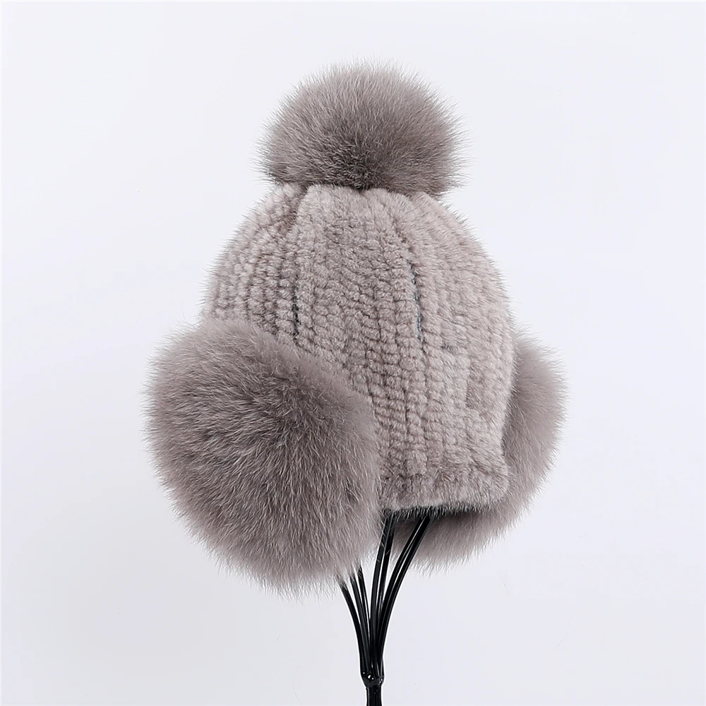 Luxury Women\'s Winter Warm 100% Genuine Mink Fur Knitted Beanie Hat Bomber Caps Fox Fur Ear Warmer Cover Hats Pom Pom Elastic