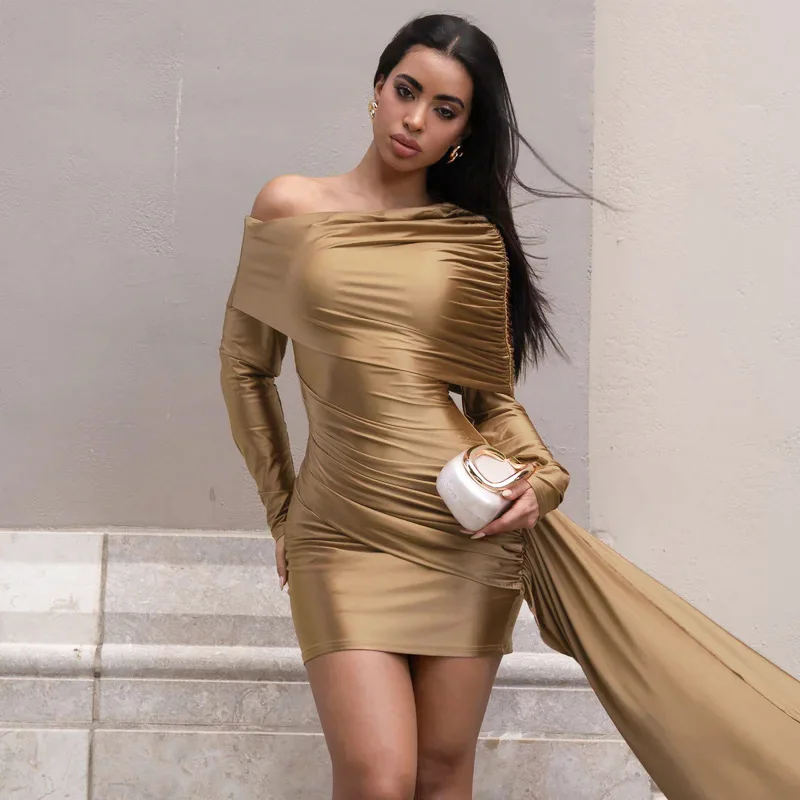 

Off Shoulder Pleated Dress Evening Club Wear Dresses 2025 Women Fall Winter Clothes Luxury Outfits Sexy Bodycon Mini Party Dress
