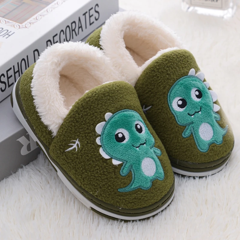 Fashion Toddler Boys Slippers for Winter Shoes Kids Casual Home Wear Baby Warm Anti-slip Loafers Cartoon Dinosaur House Footwear