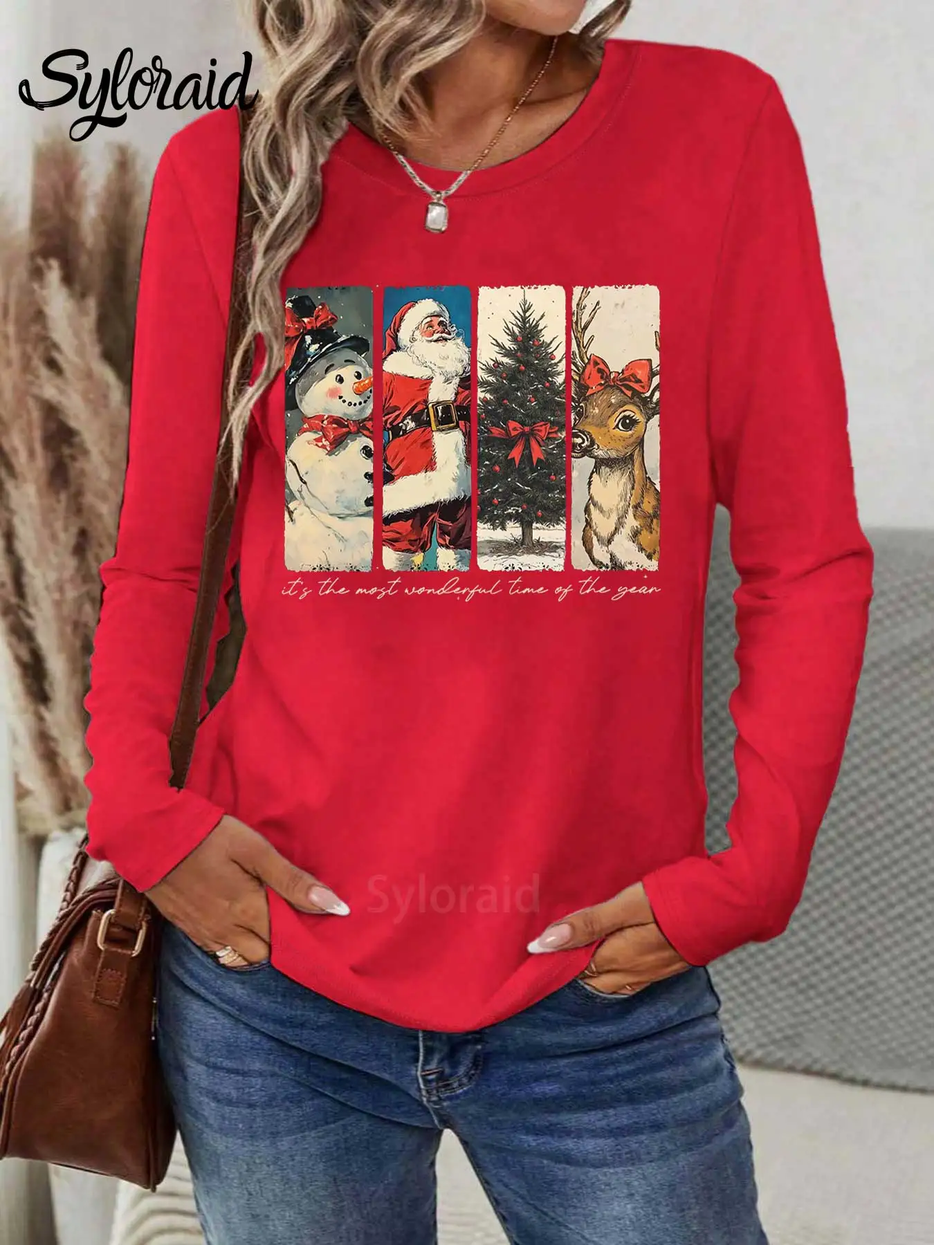 تي شيرت نسائي بأكمام طويلة، إنه وقت رائع لعام عيد الميلاد سانتا تي شيرت عصري برقبة دائرية كاجوال