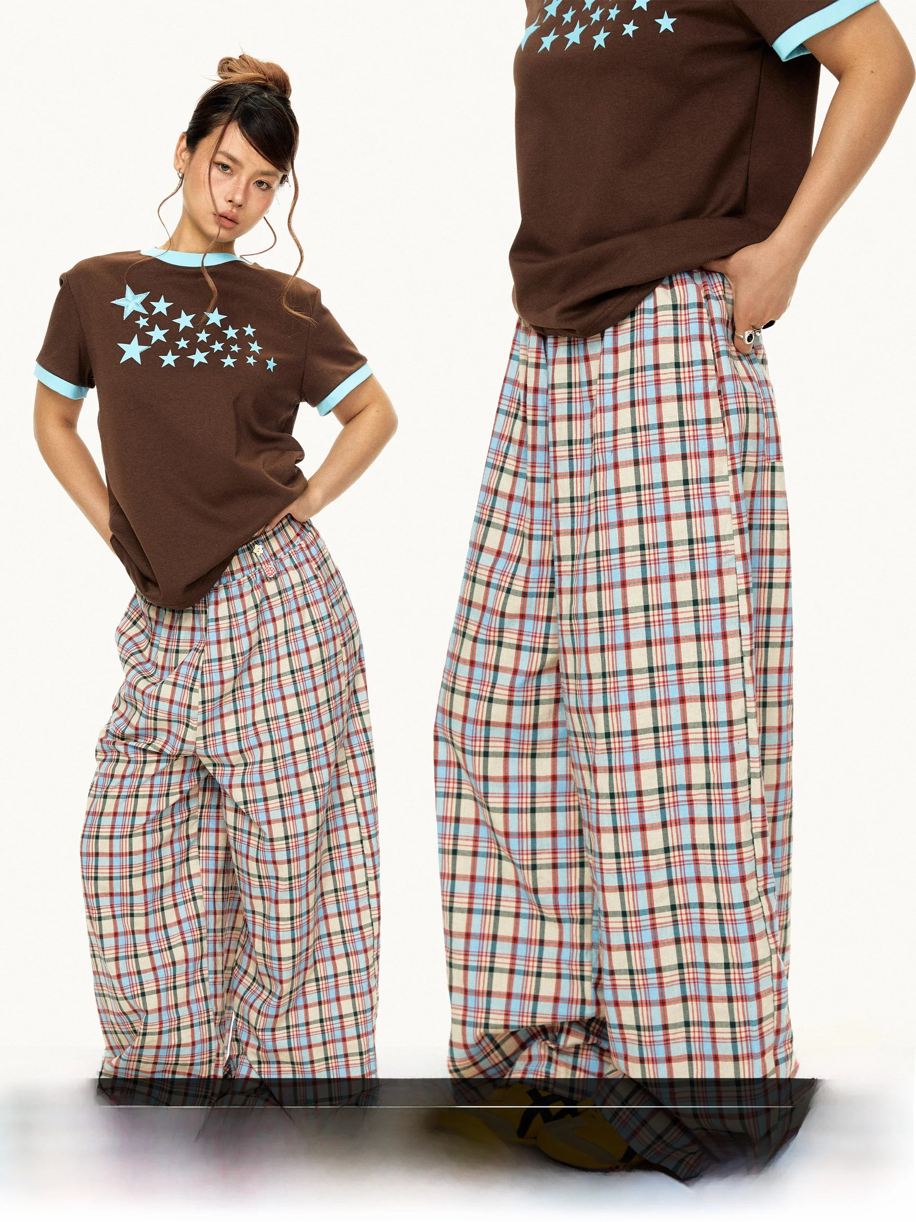 Retro Low Waist Plaid Striped Loose Straight Leg Pants Casual Embroidered Wide Leg Long Trousers for Women Summer Season