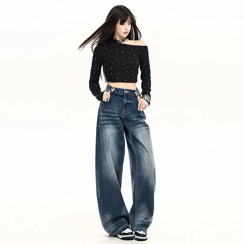 새로운 루즈핏 캐주얼 스트레이트 데님 팬츠 여성 가을 레트로 소량 생산 블루 블리치드 위스커 워시 디자인 편안한 바지