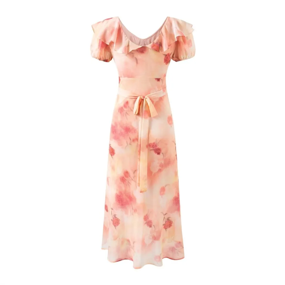 2025 Romantico arancione sfumato stampa floreale volant colletto a V manica a sbuffo abito longuette donna cravatta fiocco telai una linea abiti lunghi veste