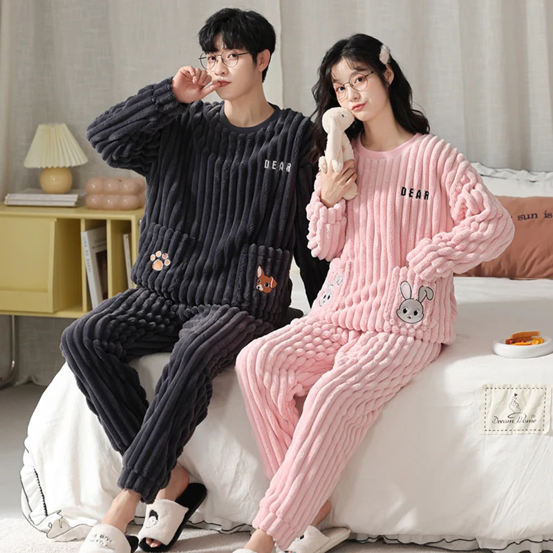 Couple Flannel Sleepwear Women Men Warm Fleece Pijama Winter Cute Cartoon Pajamas Set Lovers Kimono Home Clothes