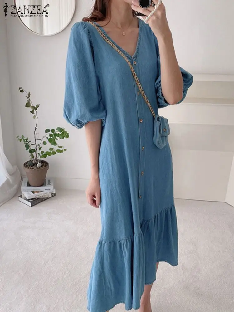 Women Denim Blue Robes Longue ZANZEA Oversized Fashion Summer Puff Sleeve Maxi Vestidos Retro Dress Casual Solid Baggy Sundress