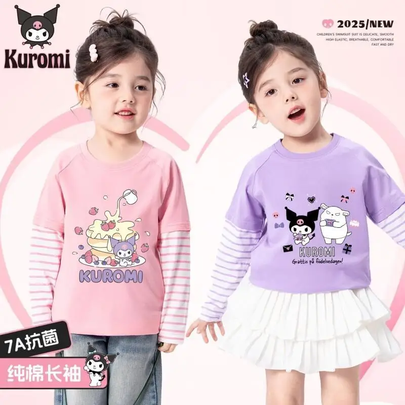 

Sanrio Hello Kitty Kuromi, топы из чистого хлопка для девочек-школьниц, весенне-летние и осенние топы, футболка, базовый слой, детская одежда с длинными рукавами