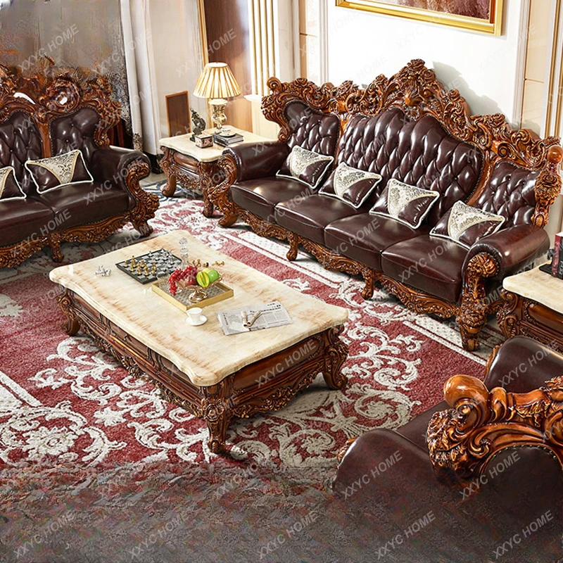 Villa European Sofa Top Layer Leather Large Apartment 123 All Solid Wood Double-Sided Carved