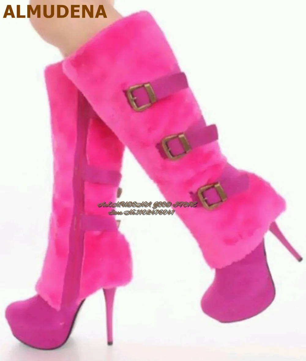 ALMUDENA, botas hasta la rodilla de piel rosa intenso, gamuza fucsia, tacón de aguja, botas altas con plataforma, zapatos de vestir peludos dulces, zapatos con hebilla de cinturón