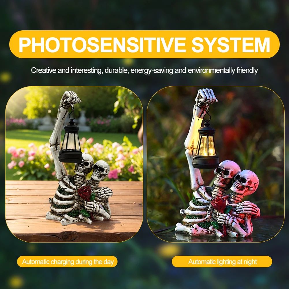 Halloween Solar Human Skeleton Decor Resin Scary Skull Ornament Waterproof Rose Skeleton Sculpture Halloween Decoration