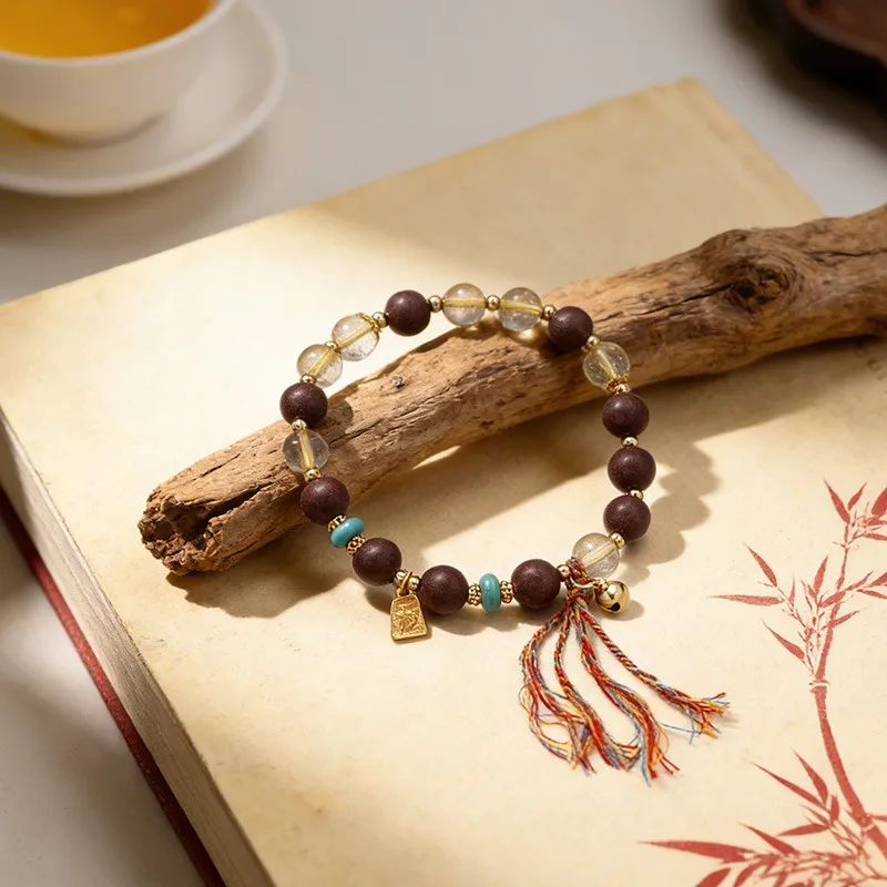New Chinese Style Purple Aroma Bead Bracelet with Citrine Tassel Lucky Charm Handmade Elegant Jewelry Gifts