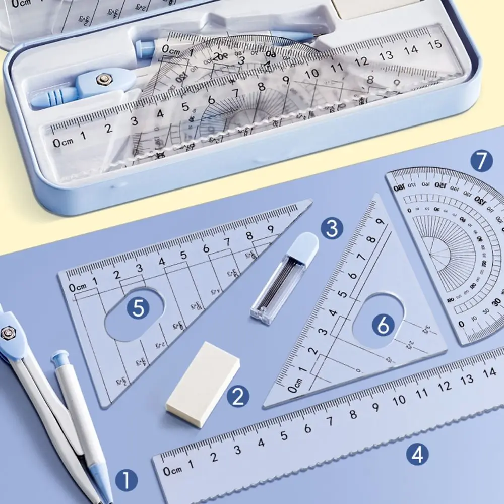 8PCS/Set Plastic Ruler Compasses Set Eraser Straight Ruler Protractor Transparent Set Square Measuring Ruler School Office